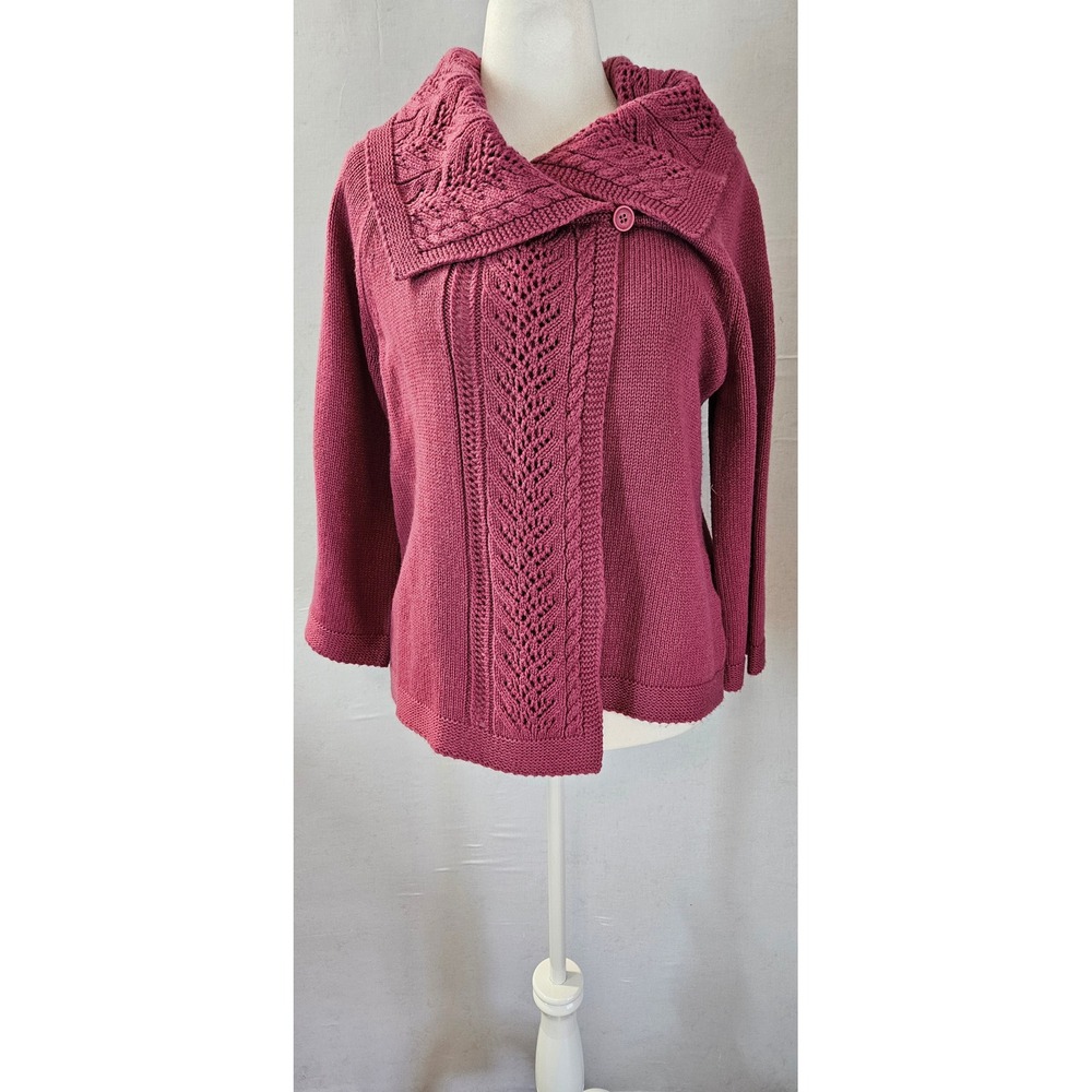 Jones New York Sport Pink Wool Blend Cable Knit Portrait Collar Cardigan Large